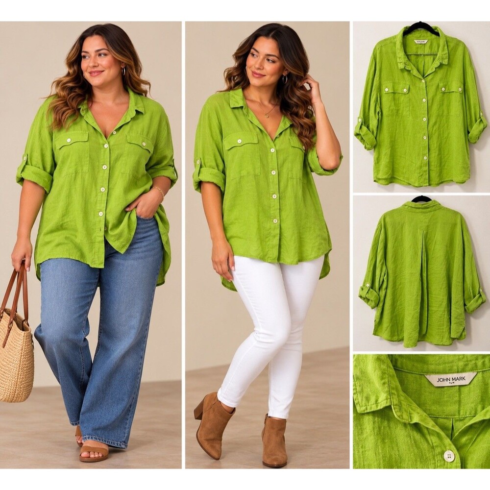 John Mark Shirt Womens Large Green Linen Button Front Wire Collar Tunic Top 3XL